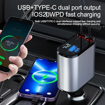 100w Dual USB Typ C Schnell ladung 4 in 1 einziehbares Auto ladegerät für iPhone Samsung Super Fast Charger Zigaretten anzünder Adapter
