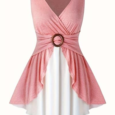 TEMU Surplice Neck Top, Casual Ring Sleeveless Pleated Top For , Women's Clothing Image