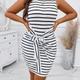 Plus Size Striped Print Belted Tank Dress, Casual Crew Neck Bodycon Dress For Summer, Women's Plus Size clothing
