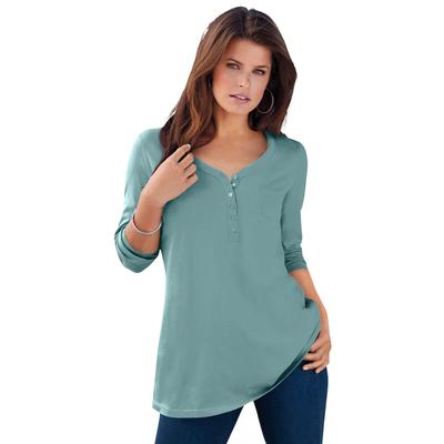 Plus Size Women's Long-Sleeve Henley Ultimate Tee with Sweetheart Neck by Roaman's in Cool Sage (Size 1X) 100% Cotton Shirt
