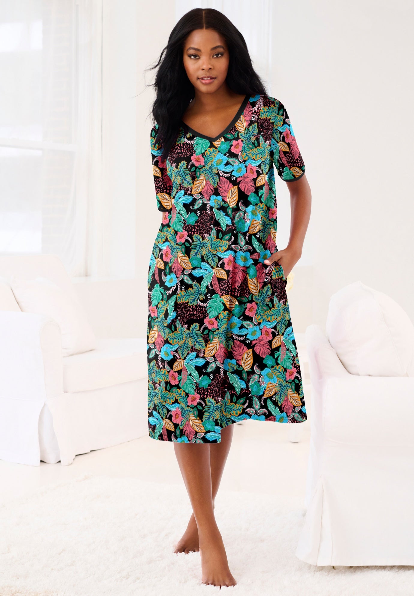 Plus Size Women's Short T-Shirt Lounger by Dreams & Co. in Black Multi Floral (Size 6X)