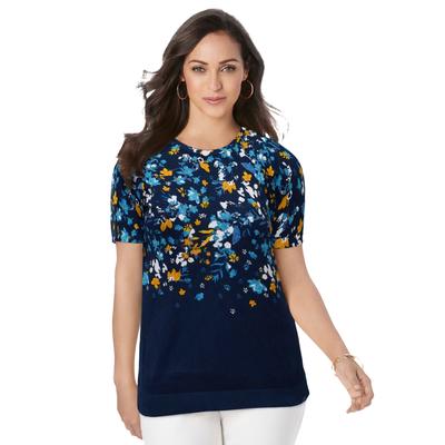 Plus Size Women's Fine Gauge Crewneck Shell by Jessica London in Blue Shadow Garden (Size 30/32) Short Sleeve Sweater