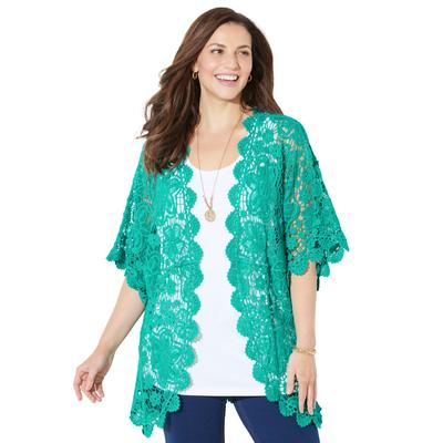 Plus Size Women's Graceful Crochet Kimono by Catherines in Aqua Sea (Size 2X)