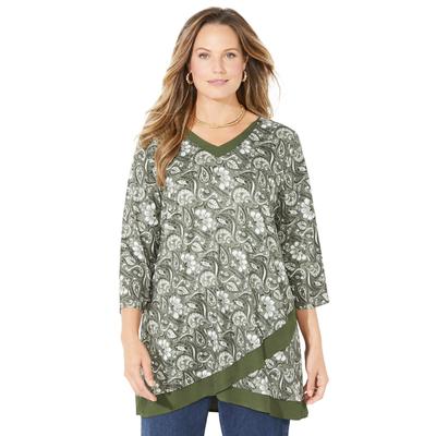 Plus Size Women's Crossover Hem Duet Top by Catherines in Olive Green Paisley Floral (Size 0X)