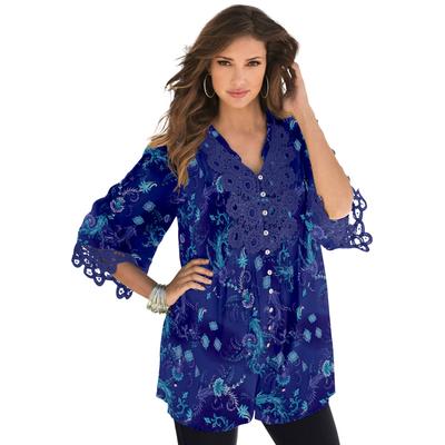 Plus Size Women's Juliet Lace Trim Shirt by Roaman's in Evening Blue Intricate Paisley (Size 38 W) Long Shirt Blouse
