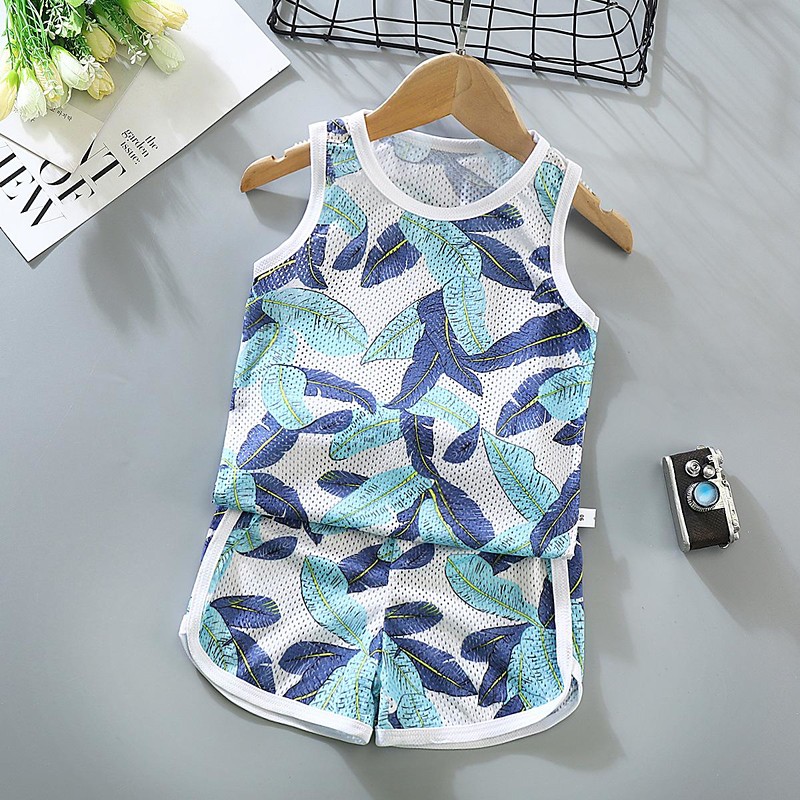 2 Pieces Toddler Boys Tank Shorts Outfit Animal Cartoon Sleeveless Cotton Set Outdoor Fashion Daily Summer Spring 3-7 Years Blue dinosaur feather car