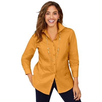 Plus Size Women's Stretch Cotton Poplin Shirt by Jessica London in Rich Gold (Size 18 W) Button Down Blouse