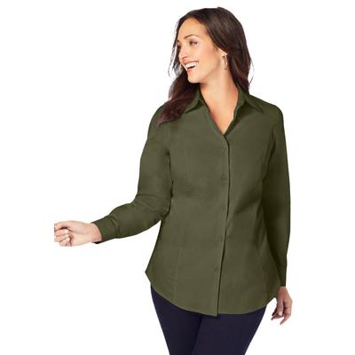 Plus Size Women's Stretch Cotton Poplin Shirt by Jessica London in Dark Olive Green (Size 32 W) Button Down Blouse