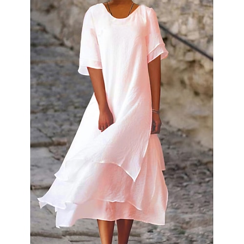 Damen-Midikleid aus 100 % Baumwolle, Kaftan, weiß, Basic-Kleid für Alltag, Urlaub, Freizeit, lockere Passform, einfarbig, lange Ärmel, Rundhalsausschnitt, hellrosa, weiß, Sommer, Frühling, Herbst Image