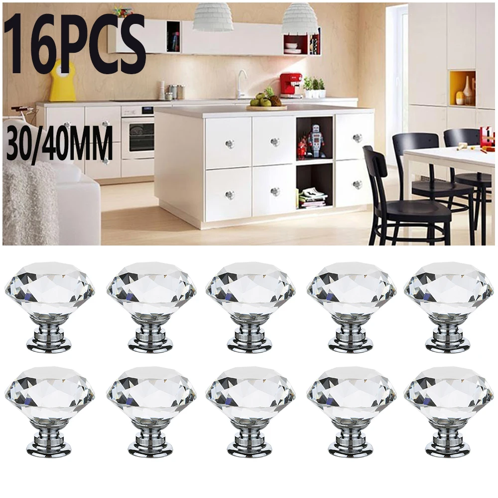 16 Teile/satz Transparente Kristall Türgriffe Hardware Diamant Form Design Kristall Glas Knöpfe Schrank Schublade Ziehen Kleiderschrank Griffe Image