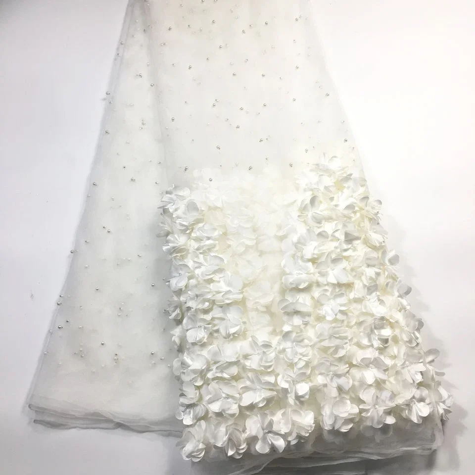 Off White Tessuto Africano Del Merletto 2024 di Alta Qualità Francese 3D Perline di Merletto Ultimi Tessuti di Pizzo Nigeriano 5 Metri per la Cerimonia Nuziale M23622
