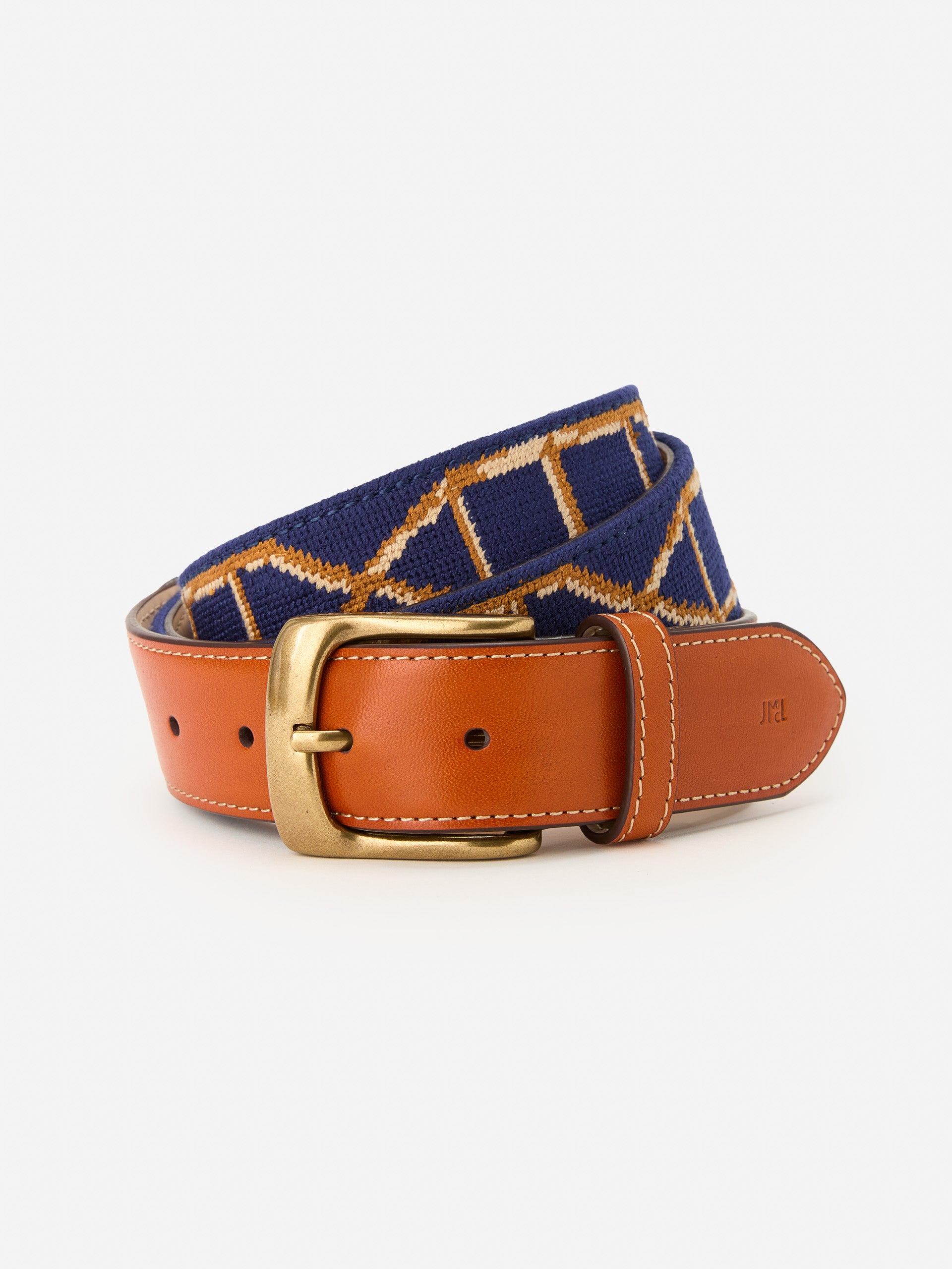 J.McLaughlin Men's Needlepoint Belt in Bamboo Navy, Size 42 | Cotton/Leather