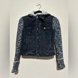 Free People Jackets & Coats | Free People Distressed Denim Jacket With Knit Sleeves Size Xs | Color: Black/White | Size: Xs