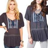Free People Tops | Free People Embroidered Lace Up Tunic Top Flowy Short Sleeve Gray Blue Womens M | Color: Blue/Gray | Size: M