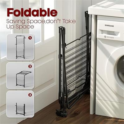 3 Tier Collapsible Laundry Rack Stand Garment Drying Station with Wheels and 4 Hooks - 26.18"D x 28.14"W x 1.37"H