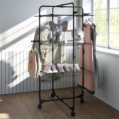 3 Tier Collapsible Laundry Rack Stand Garment Drying Station with Wheels and 4 Hooks - 26.18"D x 28.14"W x 1.37"H