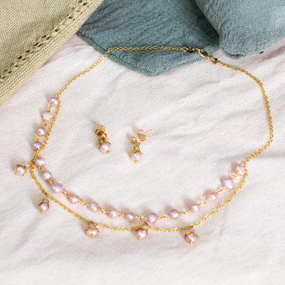 'Polished 14k Gold-Plated Pink Pearl and Apatite Jewelry Set'