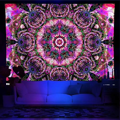 Schwarzlicht Wandteppich UV reaktiv im Dunkeln leuchtend Party Neon Mandala Boho Psychedelisch Trippy Misty Hängeteppich Wandbild Wandbild für Wohnzimmer Schlafzimmer Image