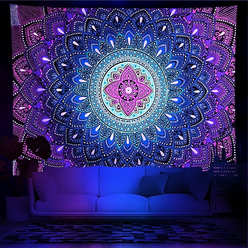 Schwarzlicht Wandteppich UV reaktiv im Dunkeln leuchtend Party Neon Mandala Boho Psychedelisch Trippy Misty Hängeteppich Wandbild Wandbild für Wohnzimmer Schlafzimmer Image