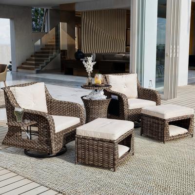 5-Piece Patio Furniture Set with Pet House, Cool Bar and Retractable Side Tray, Rattan Patio Swivel Rocking Chairs with Ottomans