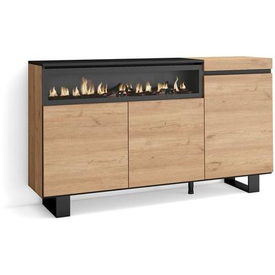 Sideboard, Highboard, Kommode, Komodenschrank, 150x87x35cm, 3 Türen, Elektrokamin. Maße, Image
