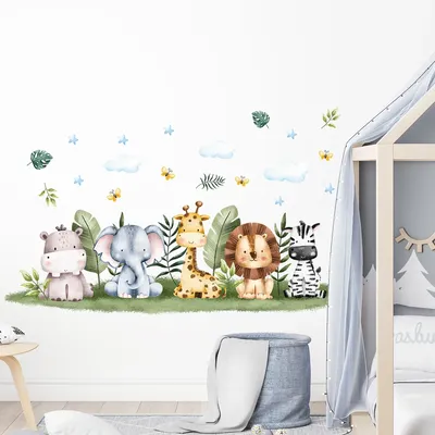 Wandaufkleber mit Cartoon-Motiv, niedlicher Elefant, Giraffe, Löwe, Zebra, Tier, für Schlafzimmer, Wohnzimmer, Kinderzimmer, Dekoration Image