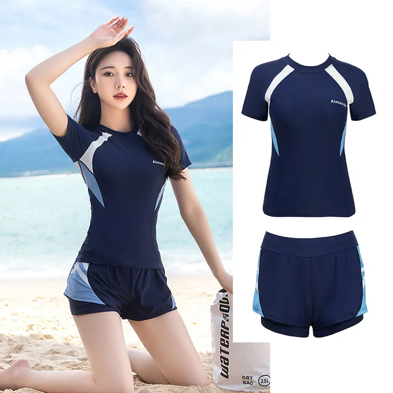 Damen 2-teiliger Rashguard UPF 50 Badeanzug mit Unterteil, kurzärmeliges Badeanzug-Set, Rashguards, Strandmode, Tankini-Sets Image