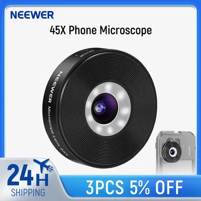 NEEWER 45X Phone Microscope Rechargeable Close Up Zoom Lens w 50mAh Battery For iPhone Samsung Cage with 17mm Lens Adapter