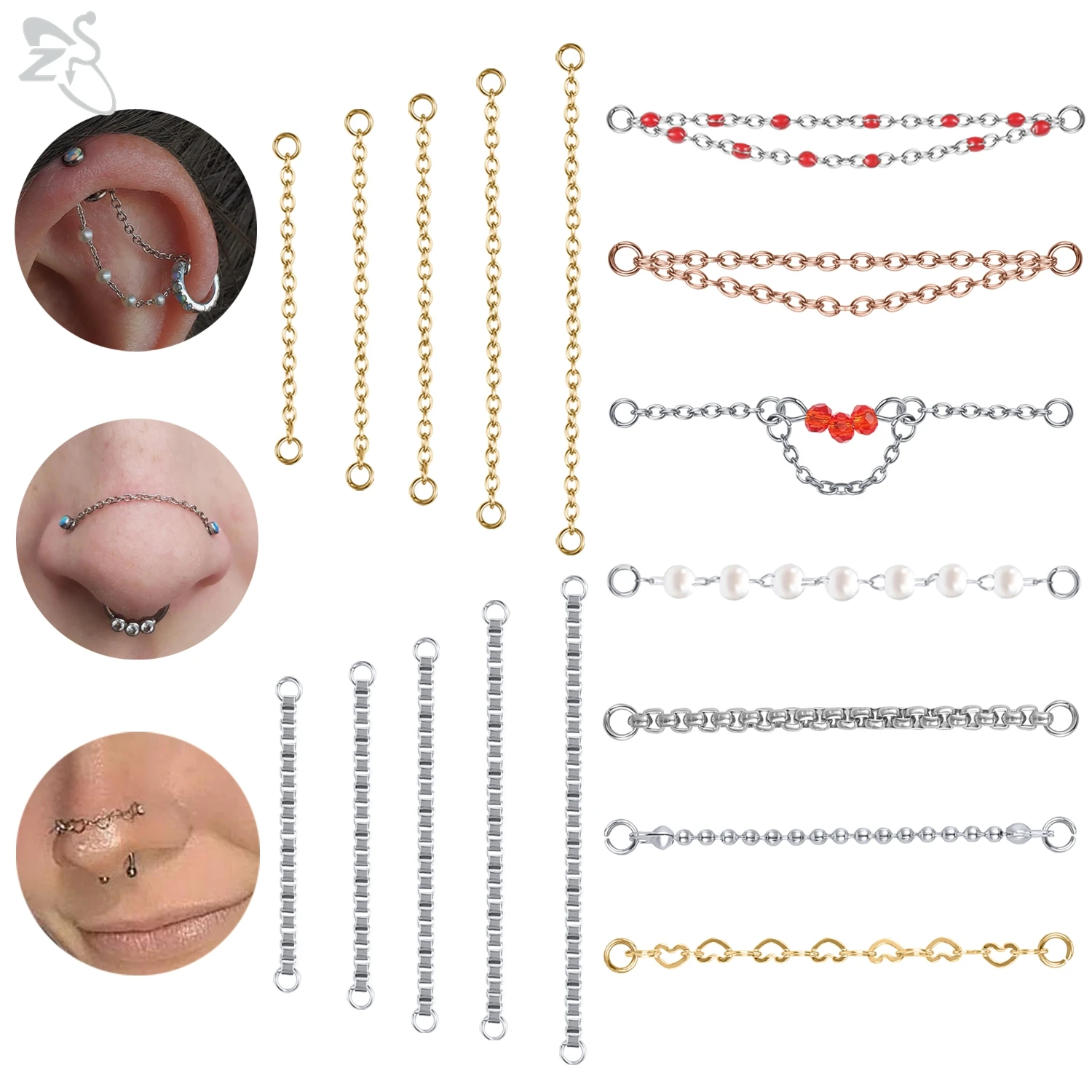 ZS 1 PC Gold Farbe Edelstahl Nase Kette 17/24/32/35/40/45/50 MM Quaste Ohr Helix Brücke Piercing Ketten Zubehör Schmuck