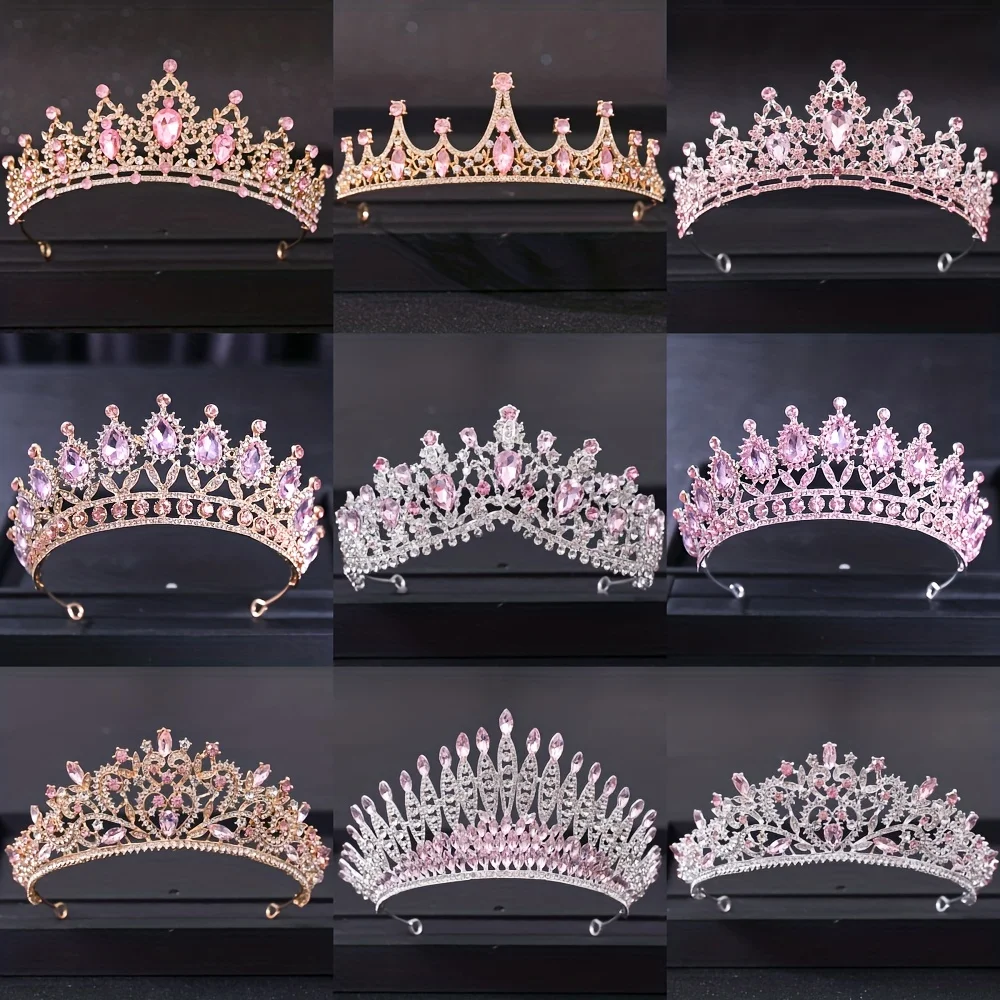 Rosa Kristall Tiaras und Kronen für Frauen Braut rosa Strass Prom Diadem Krone Tiara Braut Hochzeit Haarschmuck Schmuck Image