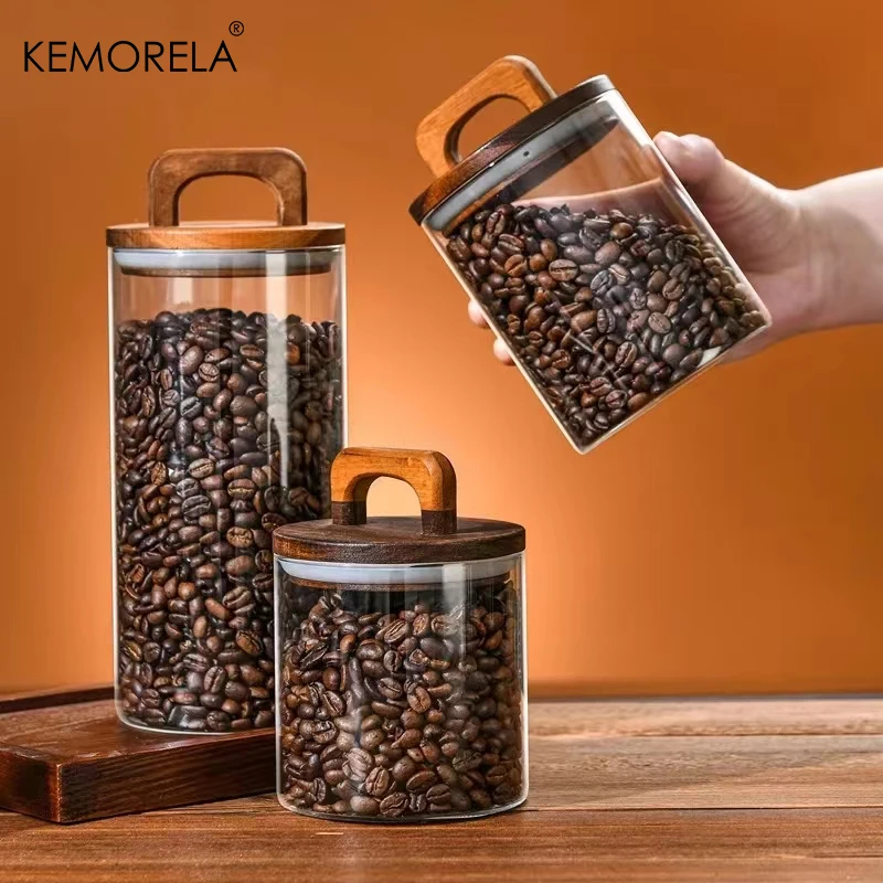 Coperchio in legno Barattolo di vetro Contenitore ermetico Contenitore per alimenti Tè Chicchi di caffè Bottiglie di stoccaggio da cucina Barattolo di fondi sigillati Barattolo di caramelle