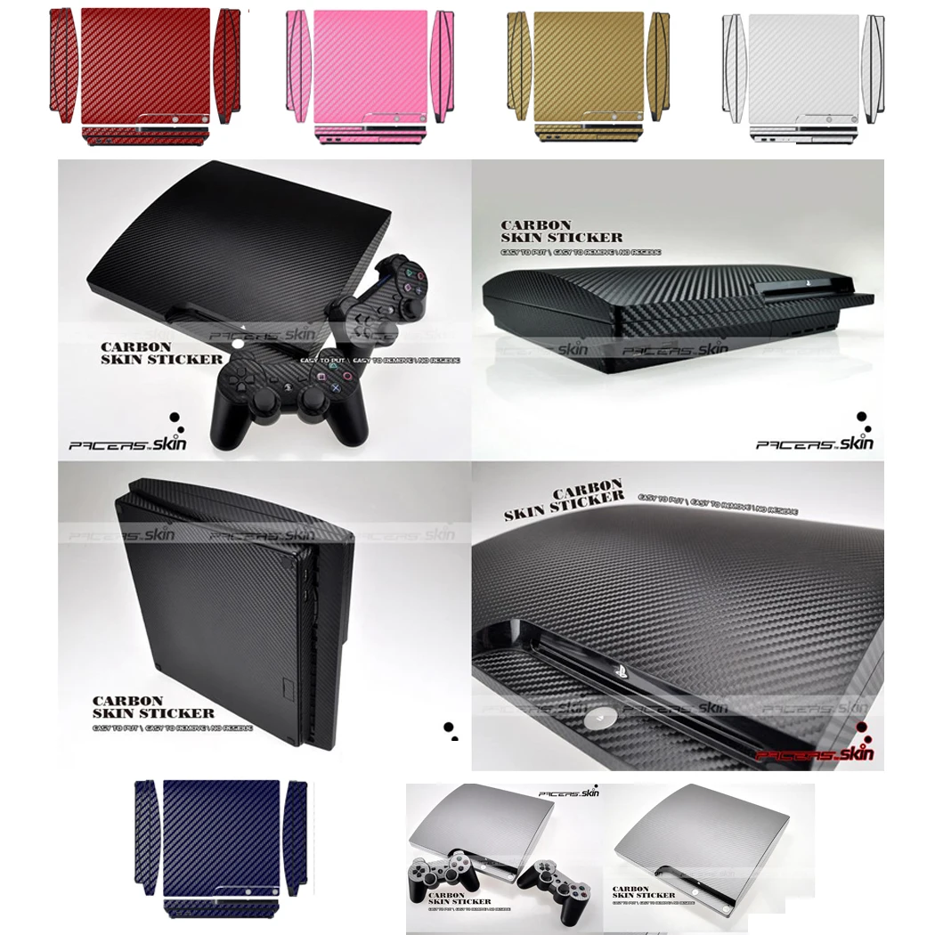 7 Colours Carbon Fiber Vinyl Skin Sticker Protector for Sony PS3 Slim PlayStation 3 Slim and 2 controller skins Stickers