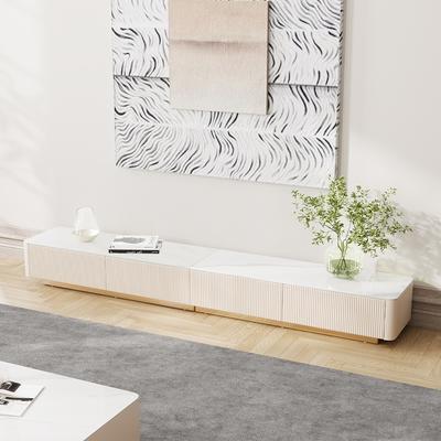 94.49" Modern Minimalist Fluted TV Stand, Beige TV Stand, Glossy Sintered Stone, with Storage