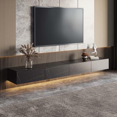 Modern Black Floating TV Stand, Matte Sintered Stone Wall-mounted TV Console with Drawers Storage, Flip-down Door, 86