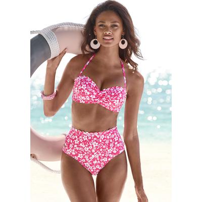 Bügel-Bandeau-Bikini-Top VIVANCE "Leni", Damen, Gr. 34, Cup B, weiß (neonpink, weiß), Microfaser, floral, bedruckt, Bikini-Oberteile, mit gelaserter Wellenkante Image