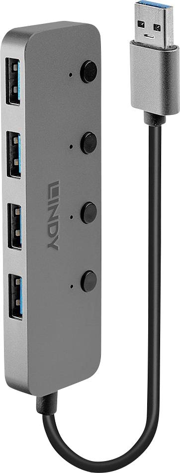LINDY 4 Port USB 3.0 Hub mit Ein-/Ausschaltern 4 Port USB 3.0-Hub einzeln schaltbar Grau 43309 Image