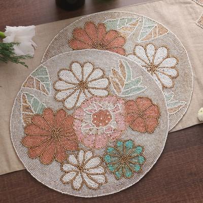 'Set of 4 Floral-Themed Glass Beaded Placemats from India'