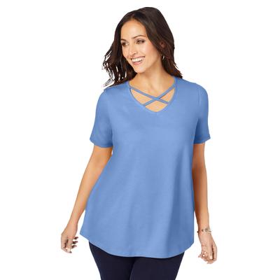 Plus Size Women's Stretch Cotton Crisscross Strap Tee by Jessica London in French Blue (Size M)
