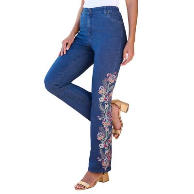 Plus Size Women's Invisible Stretch® Contour Embroidered Bootcut Jean by Roaman's in Stonewash Vine Embroidery (Size 16 W)