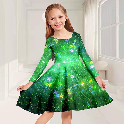 Mädchen' 3D Sterne Kleid Langarm 3D-Druck Herbst Winter Urlaub Sport Natur Täglich Kuschelig Brautkleider schlicht Schön kinderkleidung 3-12 Jahre Casual kleid A Linie Kleid Übers Knie Regular Fit