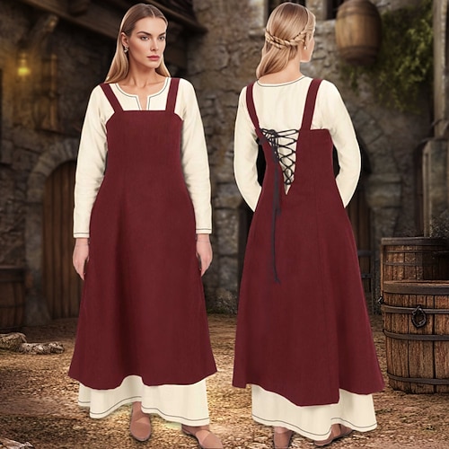 Mittelalterliches Wikinger-Überkleid mit Schürze und geschnürter Rückseite für Damen, Tunika-Kleid-Set, 2-teiliges Outfit für Larp, Ren Faire, Renaissance-Messe, Party, Karneval, Halloween-Kleid Image