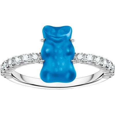 Fingerring THOMAS SABO "THOMAS SABO x HARIBO Schmuck: Ring mit Goldbär" Gr. 54, blau (silberfarben, blau, kristallweiß, 