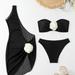3d Floral Decor 3 Piece Set Bikini, Tube Top Bandeau High Cut With 1 Shoulder Cover Up Dress Swimsuits, Women's Swimwear & Clothing