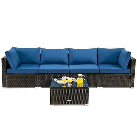 Yardi Yard 5 Pieces Cushioned Patio Rattan Furniture Set with Glass Table-Navy Outdoor Sofa Sectional Coffee Table for Patio Back Deck Balcany Poolside