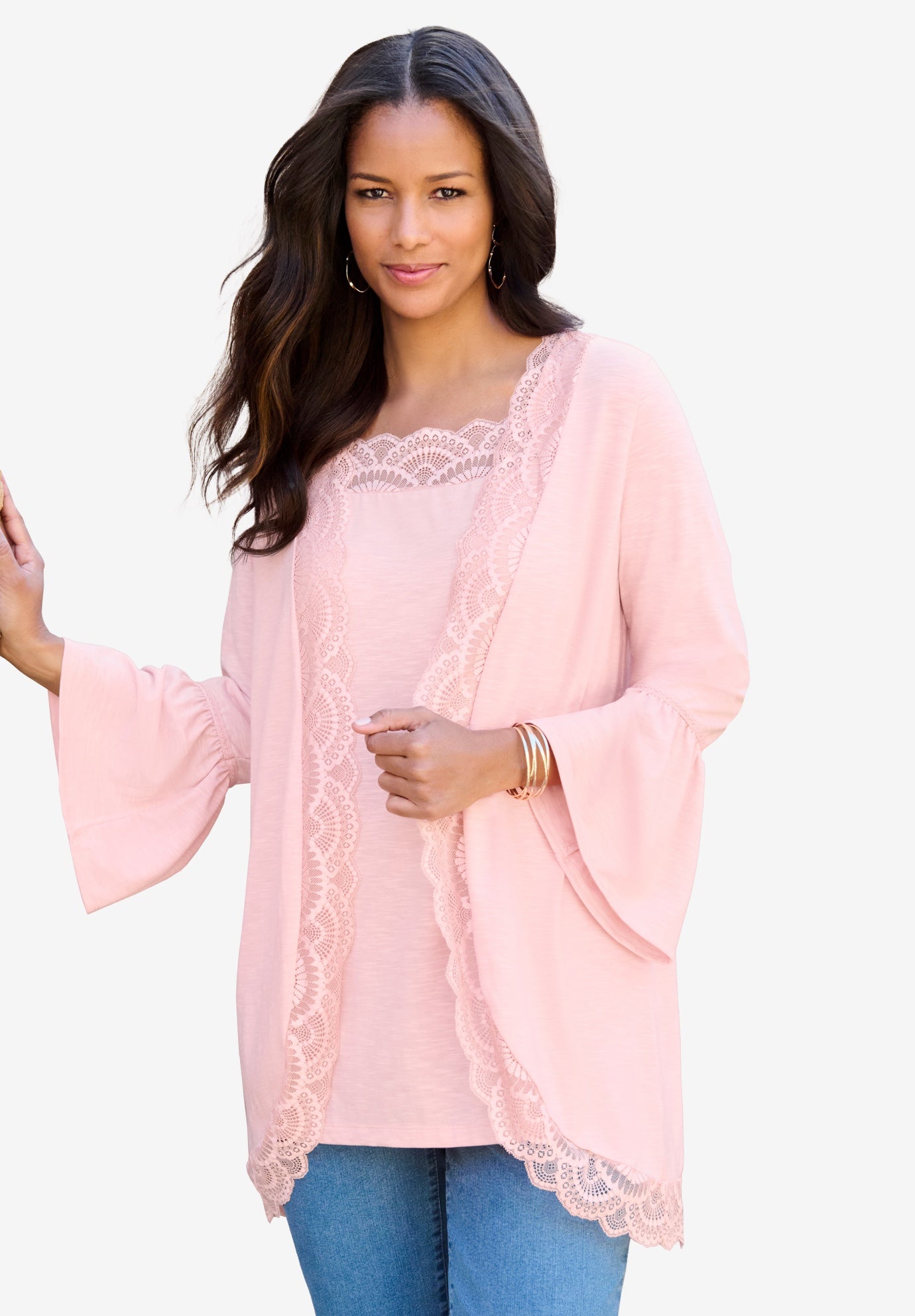 Plus Size Women's Lace-Detailed Cardigan and Tank Set by Roaman's in Soft Blush (Size 14/16)