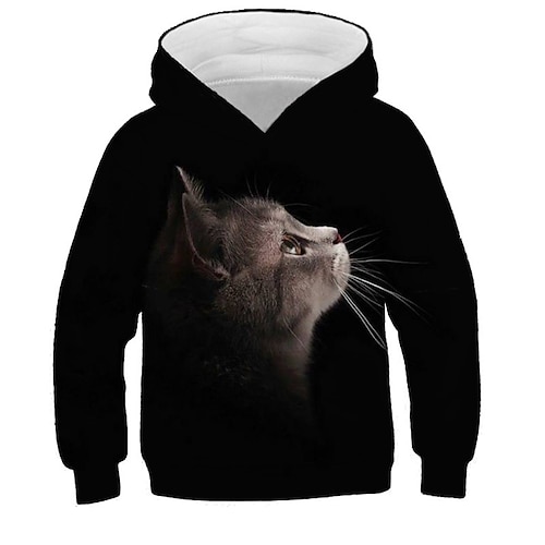 kinderkleidung Mädchen Kapuzenshirt Katze Casual Langarm Aktiv Baumwolle 7-13 Jahre Herbst Mehrfarbig Schwarz Weiß Image