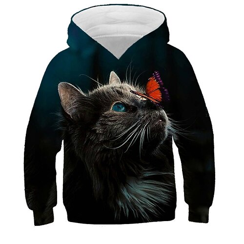 kinderkleidung Mädchen Kapuzenshirt Katze Casual Langarm Aktiv Baumwolle 7-13 Jahre Herbst Mehrfarbig Schwarz Weiß Image