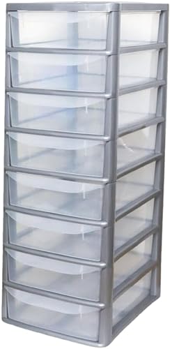 8 Tier Storage Unit A4 Small Plastic Drawer Desktop Table top Organiser Storage Tower Unit for Home, School, Office, Bedroom & Living Room, Cosmetics, Stationary Silver (8 Tier A4 Small Silver)