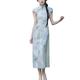 KATIAK Qipao Dress Women Print Chinese Traditional Dress Long Qipao Short Sleeve Side Slit Slim Summer Cheongsam for Wedding Evening Blue L