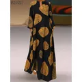 ZANZEA-Robe longue à manches longues et col en V pour femme robe d'été imprimée vintage robe